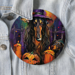 Spooky Afghan Hound Halloween Witch and Pumpkin 6 Cm Round Badge