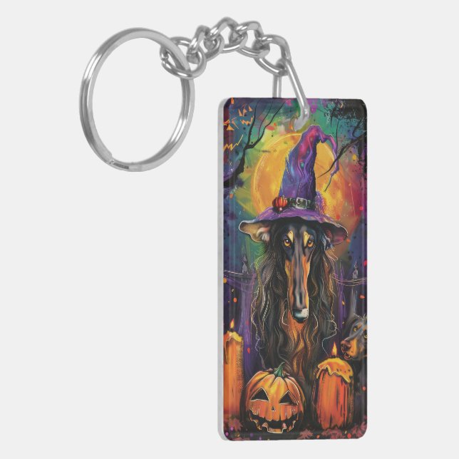 Spooky Afghan Hound Halloween Witch and Pumpkin Key Ring (Front Left)