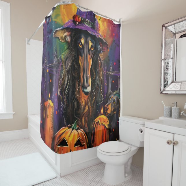 Spooky Afghan Hound Halloween Witch and Pumpkin Shower Curtain (In Situ)