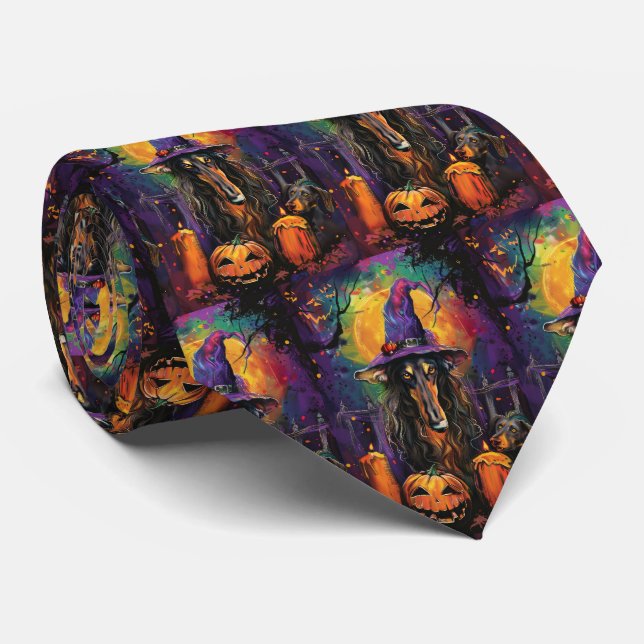 Spooky Afghan Hound Halloween Witch and Pumpkin Tie (Rolled)