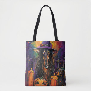 Spooky Afghan Hound Halloween Witch and Pumpkin Tote Bag