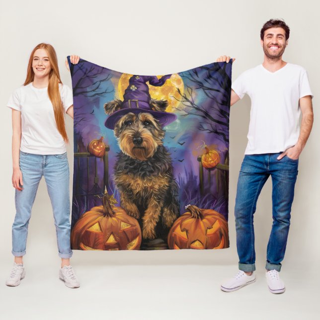 Spooky Airedale Halloween Witch and Pumpkin Fleece Blanket (In Situ)
