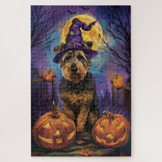 Spooky Airedale Halloween Witch and Pumpkin Jigsaw Puzzle (Vertical)