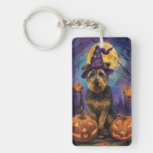 Spooky Airedale Halloween Witch and Pumpkin Key Ring