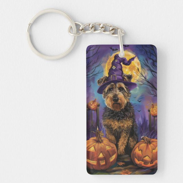 Spooky Airedale Halloween Witch and Pumpkin Key Ring (Front)