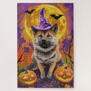 Spooky Akita Halloween Witch and Pumpkin  Jigsaw Puzzle