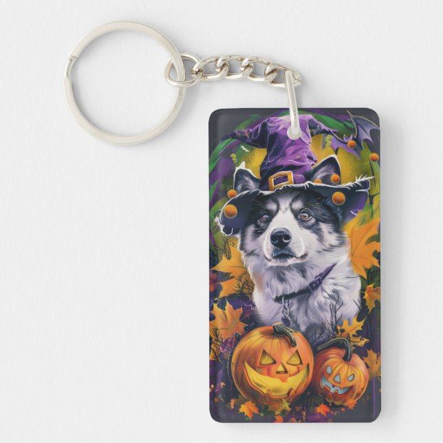 Spooky Akita Halloween Witch and Pumpkin  Key Ring (Front)