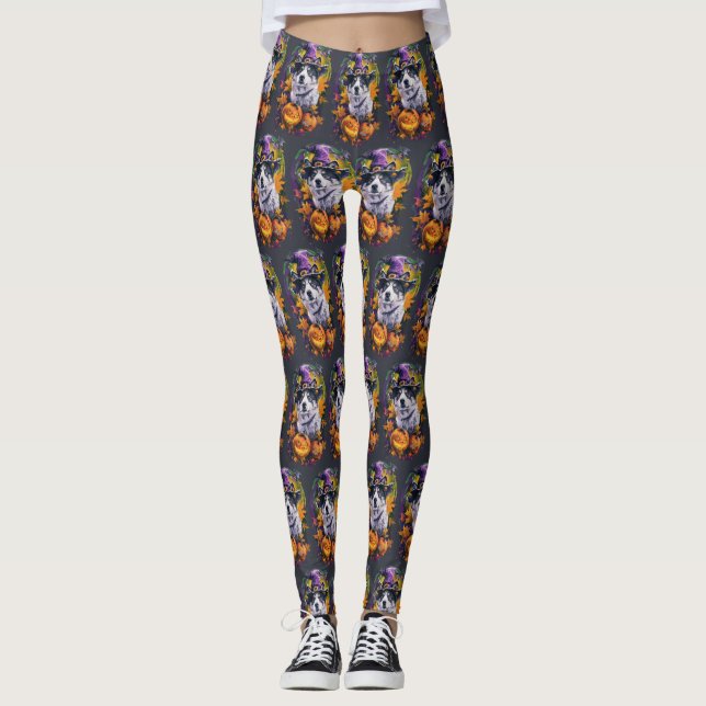Spooky Akita Halloween Witch and Pumpkin  Leggings (Front)