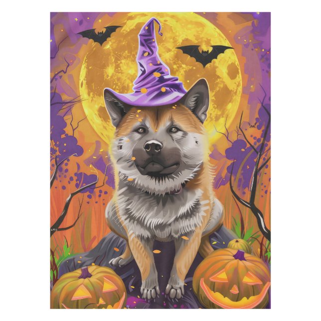  Spooky Akita Halloween Witch and Pumpkin  Tablecloth (Front)