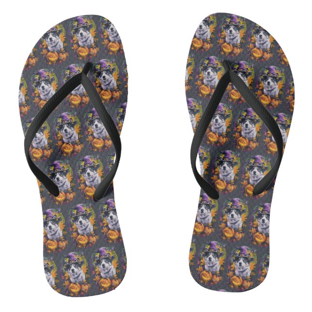 Spooky Akita Halloween Witch and Pumpkin  Thongs (Footbed)