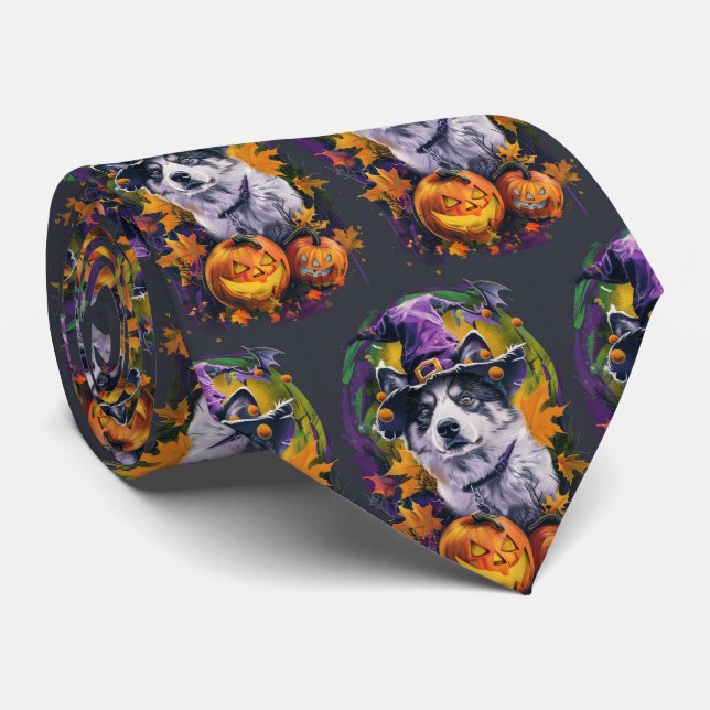 Spooky Akita Halloween Witch and Pumpkin  Tie (Rolled)