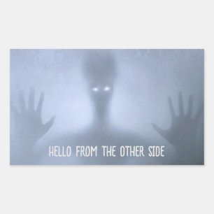 Spooky Alien in Fog Hello from the Other Side Rectangular Sticker
