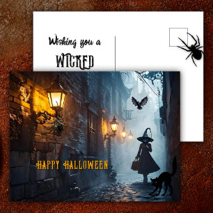 Spooky Alley Witch with Cat Wicked Halloween Holiday Postcard
