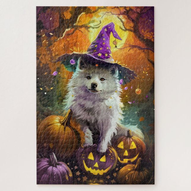 Spooky American Eskimo Halloween Witch and Pumpkin Jigsaw Puzzle (Vertical)