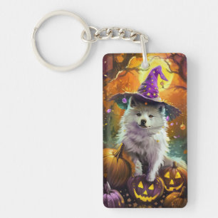Spooky American Eskimo Halloween Witch and Pumpkin Key Ring