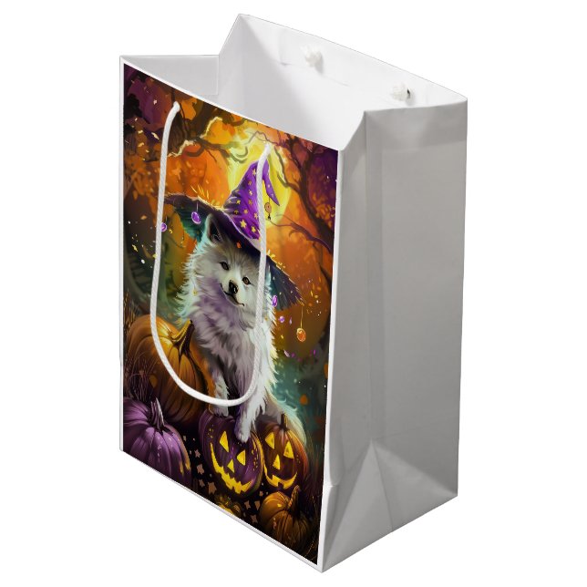 Spooky American Eskimo Halloween Witch and Pumpkin Medium Gift Bag (Front Angled)