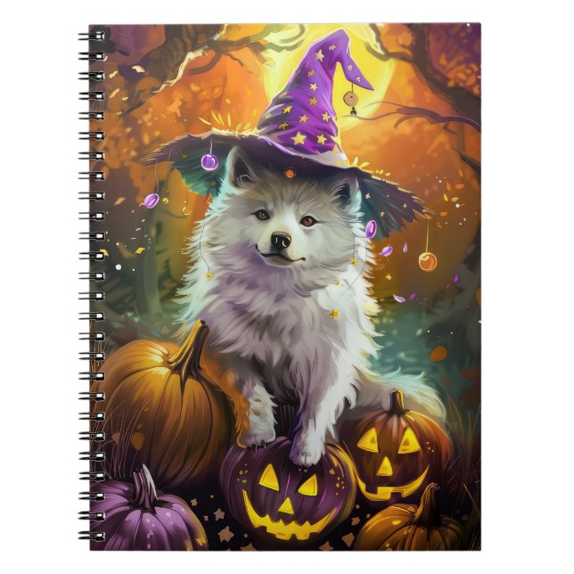 Spooky American Eskimo Halloween Witch and Pumpkin Notebook (Front)