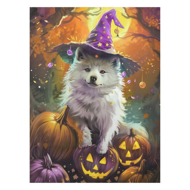 Spooky American Eskimo Halloween Witch and Pumpkin Tablecloth (Front)