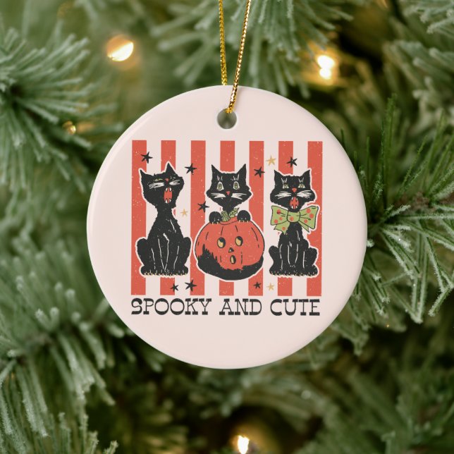 Spooky and Cute - Black Cat and Pumpkin Ceramic Ornament (Tree)