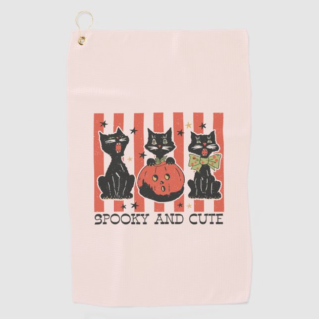 Spooky and Cute - Black Cat and Pumpkin Golf Towel (Front)