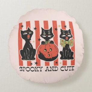 Spooky and Cute - Black Cat and Pumpkin Round Cushion