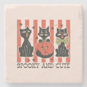 Spooky and Cute - Black Cat and Pumpkin Stone Coaster