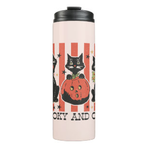 Spooky and Cute - Black Cat and Pumpkin Thermal Tumbler