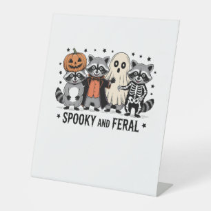 Spooky and Feral Funny Halloween Raccoon Pedestal Sign