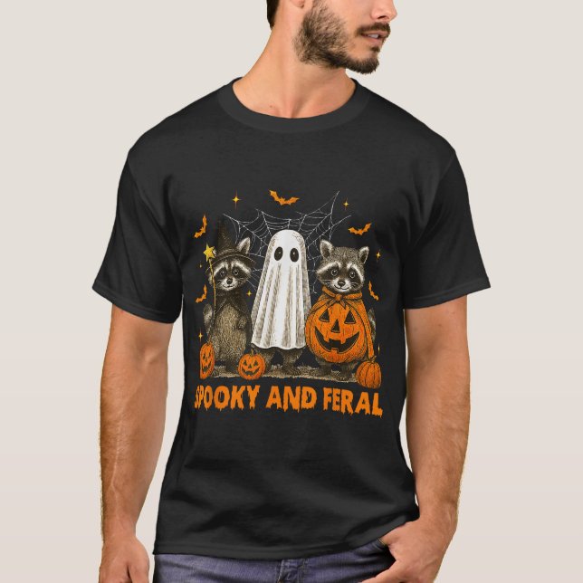 Spooky And Feral Halloween Ghost Racoon Trick  T-Shirt (Front)