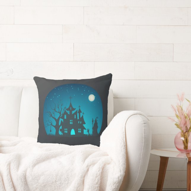 Spooky and Fun Blue and Black Haunted House Cushion (Couch)