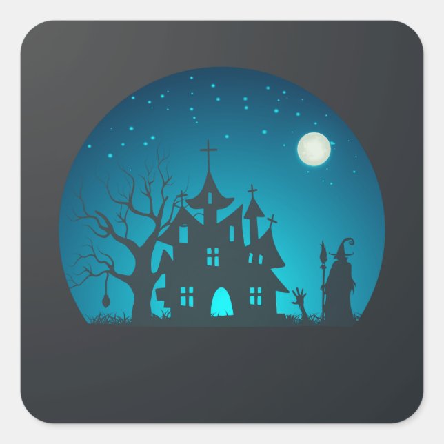 Spooky and Fun Blue and Black Haunted House Square Sticker (Front)