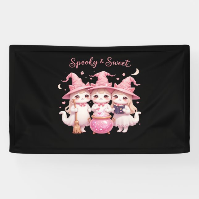 Spooky and Sweet Cute Witch Cat Oversized T-Shirt Banner (Horizontal)