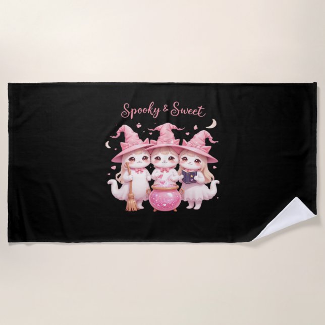 Spooky and Sweet Cute Witch Cat Oversized T-Shirt Beach Towel (Front)