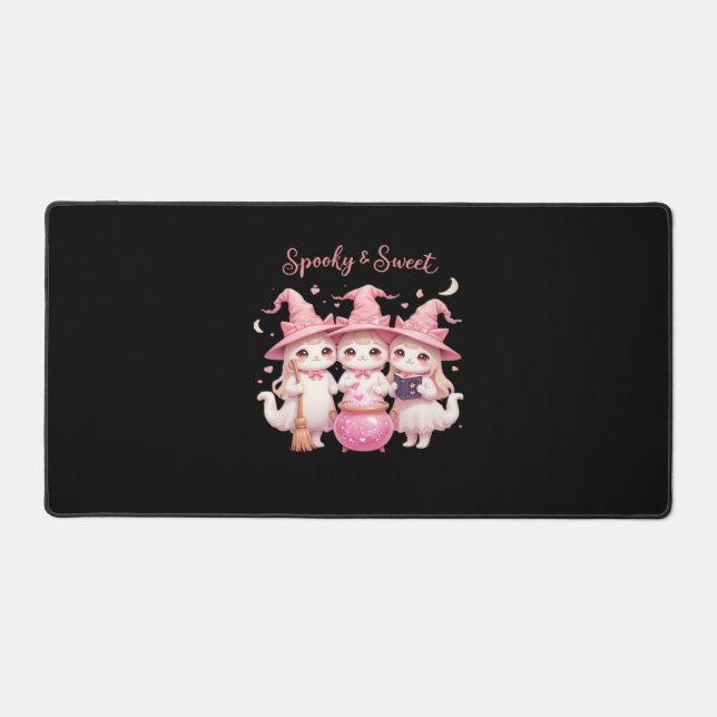 Spooky and Sweet Cute Witch Cat Oversized T-Shirt Desk Mat (Front)
