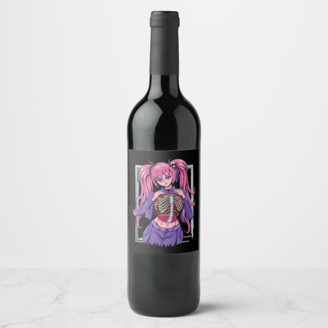 Spooky Anime Girl Waifu Halloween Pastel Goth Occu Wine Label (Front)