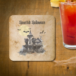 Spooky ans Scary Haunted House Halloween Party Square Paper Coaster