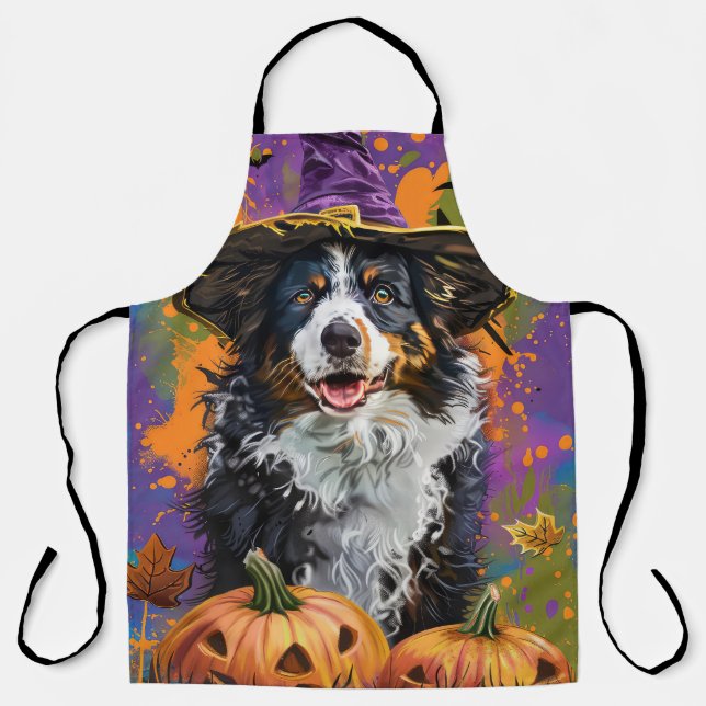 Spooky Australian Shepherd Halloween Witch Pumpkin Apron (Front)