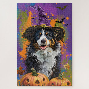 Spooky Australian Shepherd Halloween Witch Pumpkin Jigsaw Puzzle