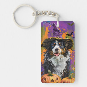 Spooky Australian Shepherd Halloween Witch Pumpkin Key Ring