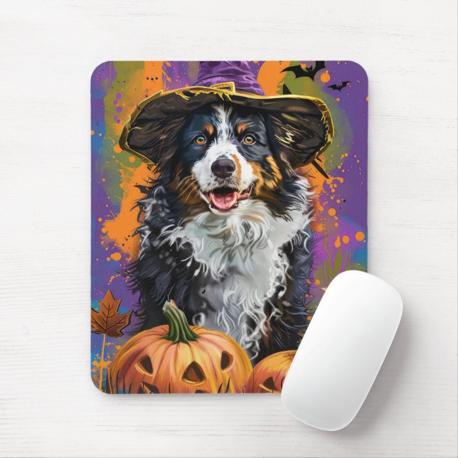 Spooky Australian Shepherd Halloween Witch Pumpkin Mouse Pad (With Mouse)