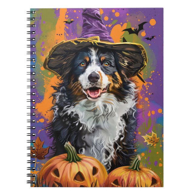 Spooky Australian Shepherd Halloween Witch Pumpkin Notebook (Front)