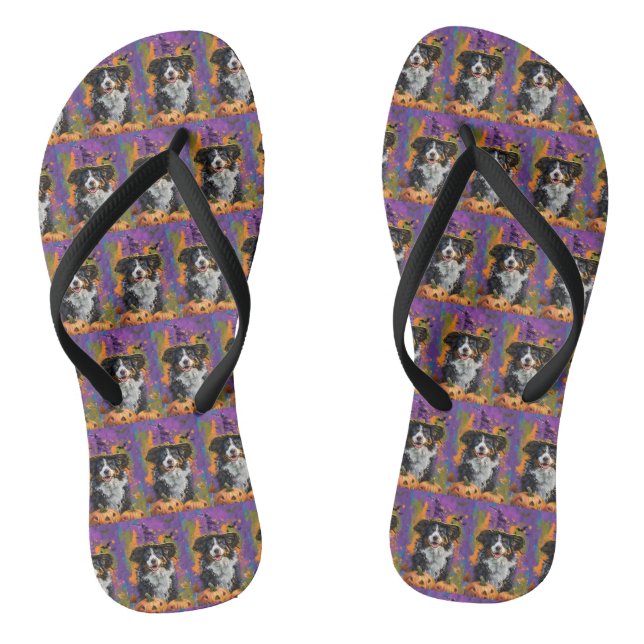 Spooky Australian Shepherd Halloween Witch Pumpkin Thongs (Footbed)