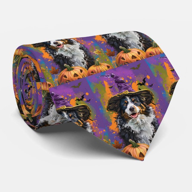 Spooky Australian Shepherd Halloween Witch Pumpkin Tie (Rolled)