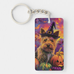 Spooky Australian Terrier Halloween Witch Pumpkin Key Ring