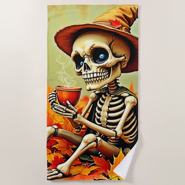 Spooky Autumn Skeleton's Coffee Break Design Beach Towel (Front)