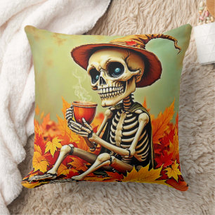 Spooky Autumn Skeleton's Coffee Break Design Cushion