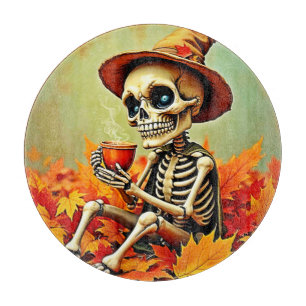 Spooky Autumn Skeleton's Coffee Break Design Cutting Board
