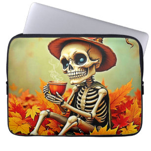 Spooky Autumn Skeleton's Coffee Break Design Laptop Sleeve