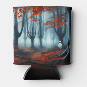 Spooky Autumn woods with a ghost Can Cooler