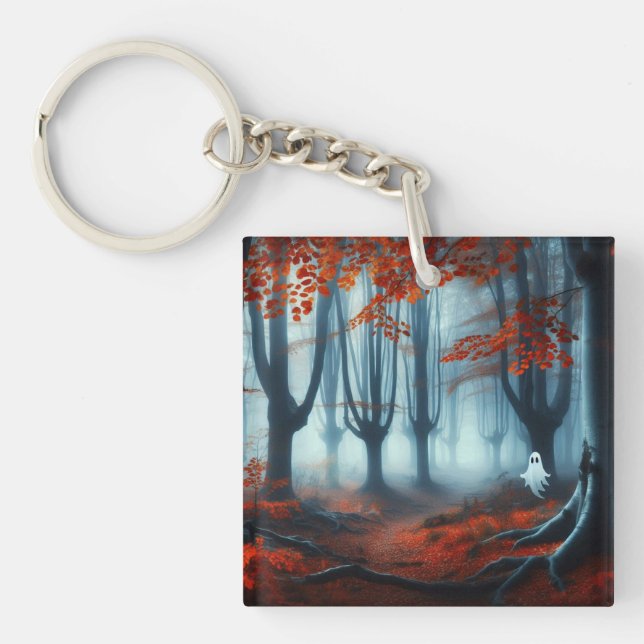 Spooky Autumn woods with a ghost Key Ring (Front)